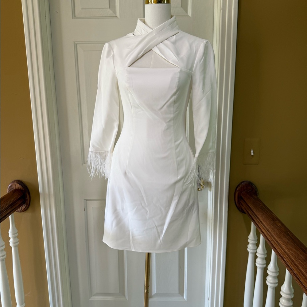 New Aidan Mattox Cream Longsleeve Mini Dress - Picture 3 of 4